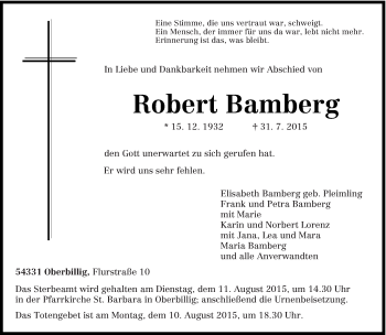Todesanzeige von Robert Bamberg von trierischer_volksfreund