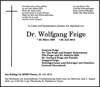 Todesanzeige von Wolfgang Feige von trierischer_volksfreund