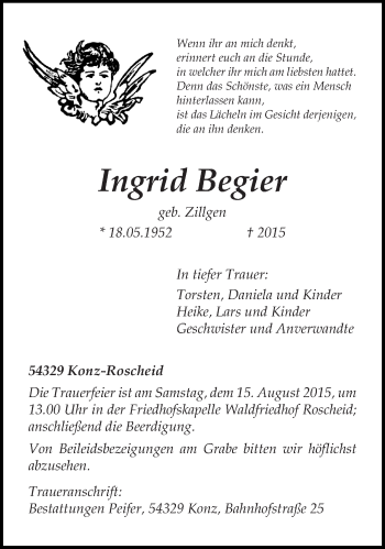 Todesanzeige von Ingrid Begier von trierischer_volksfreund