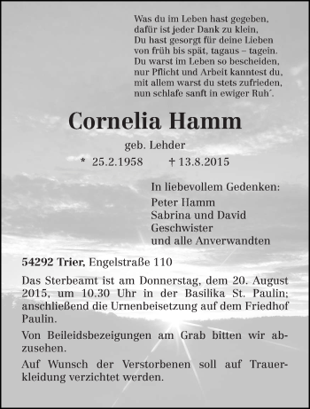 Todesanzeige von Cornelia Hamm von trierischer_volksfreund