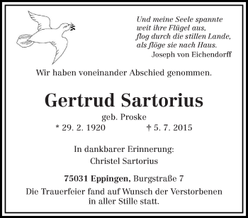 Todesanzeige von Gertrud Sartorius von trierischer_volksfreund