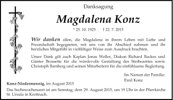 Todesanzeige von Magdalena Konz von trierischer_volksfreund