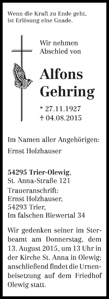 Todesanzeige von Alfons Gehring von trierischer_volksfreund