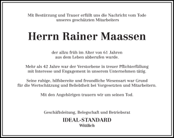 Todesanzeige von Rainer Maassen von trierischer_volksfreund