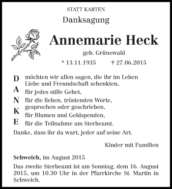 Todesanzeige von Annemarie Heck von trierischer_volksfreund
