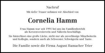 Todesanzeige von Cornelia Hamm von trierischer_volksfreund