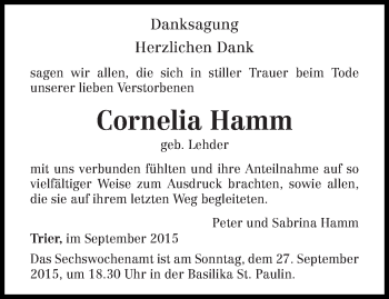 Todesanzeige von Cornelia Hamm von trierischer_volksfreund