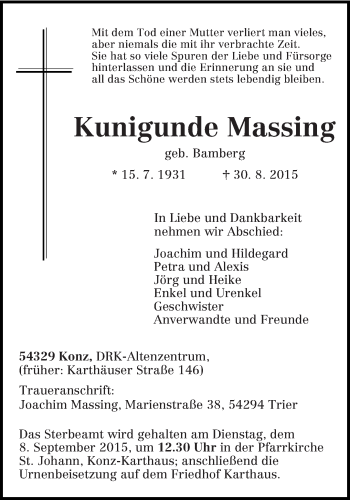 Todesanzeige von Kunigunde Massing von trierischer_volksfreund