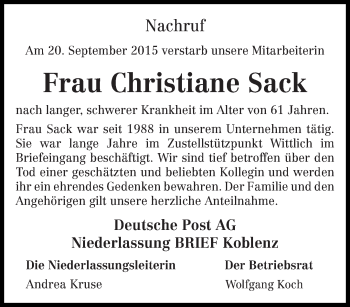 Todesanzeige von Christiane Sack von trierischer_volksfreund