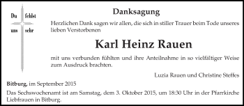 Todesanzeige von Karl Heinz Rauen von trierischer_volksfreund