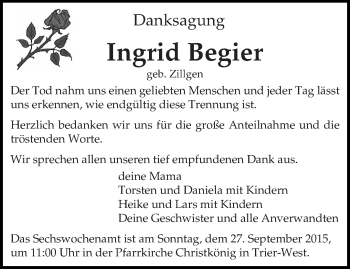 Todesanzeige von Ingrid Begier von trierischer_volksfreund