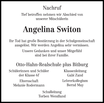 Todesanzeige von Angelina Switon von trierischer_volksfreund