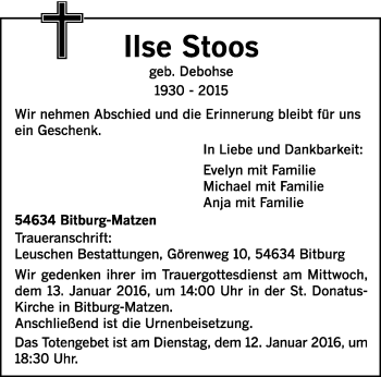 Todesanzeige von Ilse Stoos von trierischer_volksfreund