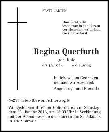 Todesanzeige von Regina Querfurth von trierischer_volksfreund