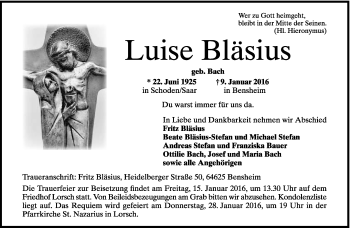Todesanzeige von Luise Bläsius von trierischer_volksfreund