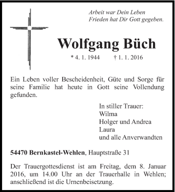 Todesanzeige von Wolfgang Büch von trierischer_volksfreund
