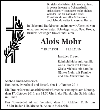 Todesanzeige von Alois Mohr von trierischer_volksfreund