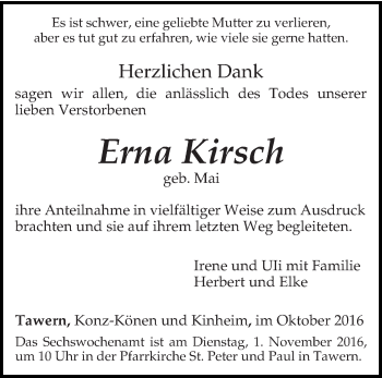 Todesanzeige von Erna Kirsch von trierischer_volksfreund