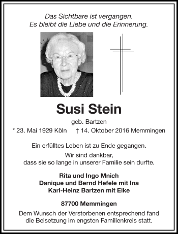 Todesanzeige von Susi Stein von trierischer_volksfreund