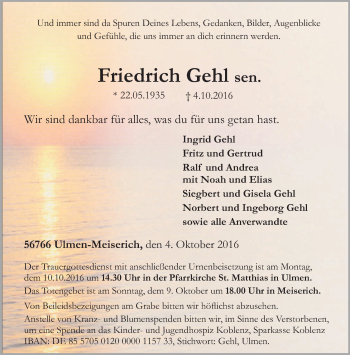 Todesanzeige von Friedrich Gehl von trierischer_volksfreund