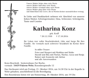 Todesanzeige von Katharina Konz von trierischer_volksfreund