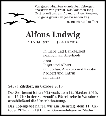 Todesanzeige von Alfons Ludwig von trierischer_volksfreund
