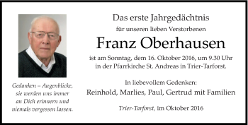 Todesanzeige von Franz Oberhausen von trierischer_volksfreund