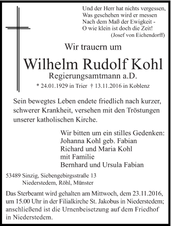 Todesanzeige von Wilhelm Rudolf Kohl von trierischer_volksfreund