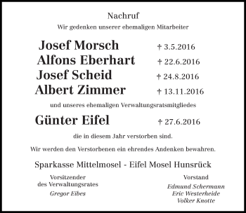Todesanzeige von Wir gedenken Sparkasse Mittelmosel - Eifel Mosel Hunsrück von trierischer_volksfreund