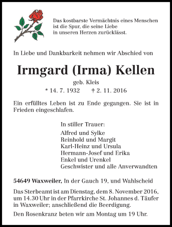 Todesanzeige von Irmgard Kellen von trierischer_volksfreund