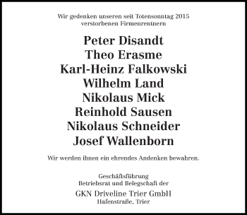 Todesanzeige von Wir gedenken GKN Driveline Trier GmbH von trierischer_volksfreund