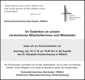 Todesanzeige von Verbundkrankenhaus Bernkastel / Wittlich gedenkt von trierischer_volksfreund