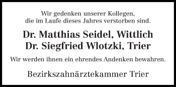 Todesanzeige von In Gedenken Bezirkszahnärztekammer Trier von trierischer_volksfreund