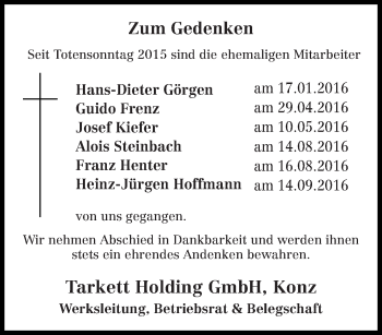 Todesanzeige von Zum Gedenken Tarkett Holding GmbH von trierischer_volksfreund