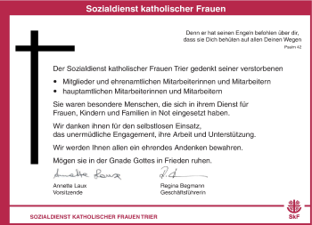 Todesanzeige von In Gedenken Sozialdienst katholischer Frauen Trier von trierischer_volksfreund