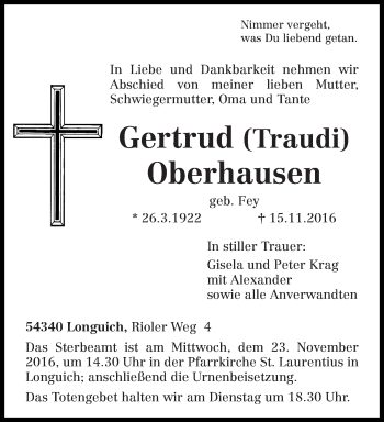 Todesanzeige von Gertrud Oberhausen von trierischer_volksfreund