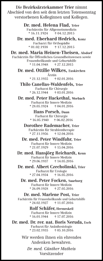 Todesanzeige von In Gedenken Bezirksärztekammer Trier von trierischer_volksfreund