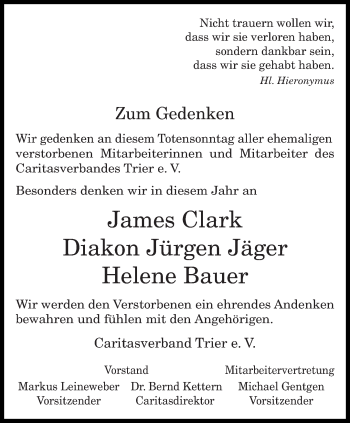 Todesanzeige von Zum Gedenken Caritasverbandes Trier e. V. von trierischer_volksfreund