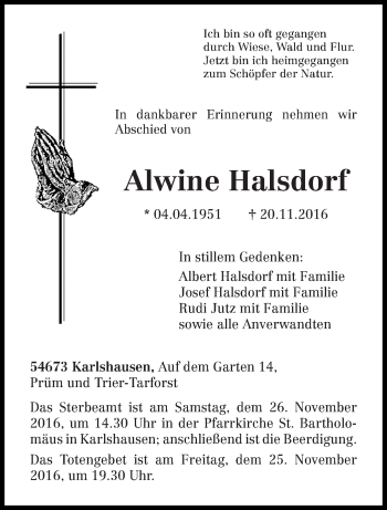 Todesanzeige von Alwine Halsdorf von trierischer_volksfreund