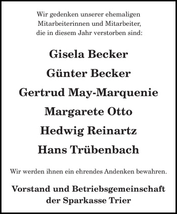 Todesanzeige von Wir gedenken Sparkasse Trier von trierischer_volksfreund