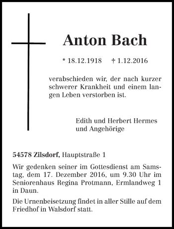 Todesanzeige von Anton Bach von trierischer_volksfreund