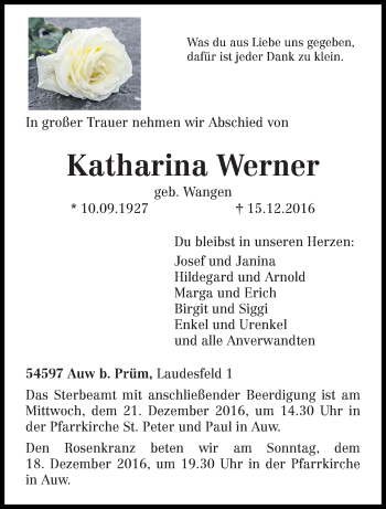 Todesanzeige von Katharina Werner von trierischer_volksfreund