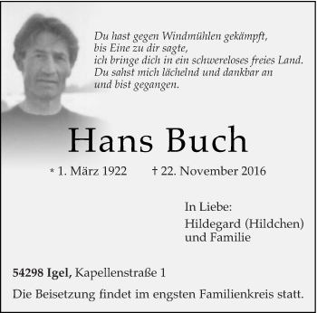 Todesanzeige von Hans Buch von trierischer_volksfreund