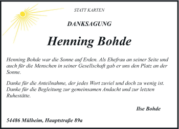 Todesanzeige von Henning Bohde von trierischer_volksfreund