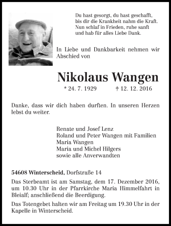 Todesanzeige von Nikolaus Wangen von trierischer_volksfreund