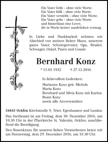 Todesanzeige von Bernhard Konz von trierischer_volksfreund