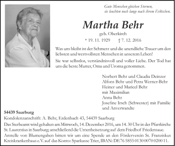 Todesanzeige von Martha Behr von trierischer_volksfreund