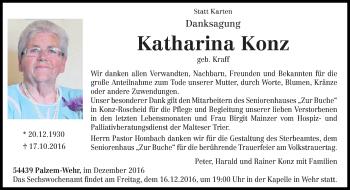 Todesanzeige von Katharina Konz von trierischer_volksfreund