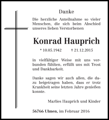 Todesanzeige von Konrad Hauprich von trierischer_volksfreund
