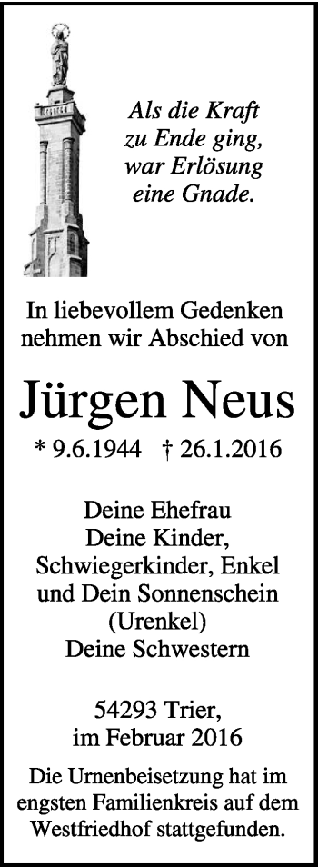 Todesanzeige von Jürgen Neuss von trierischer_volksfreund